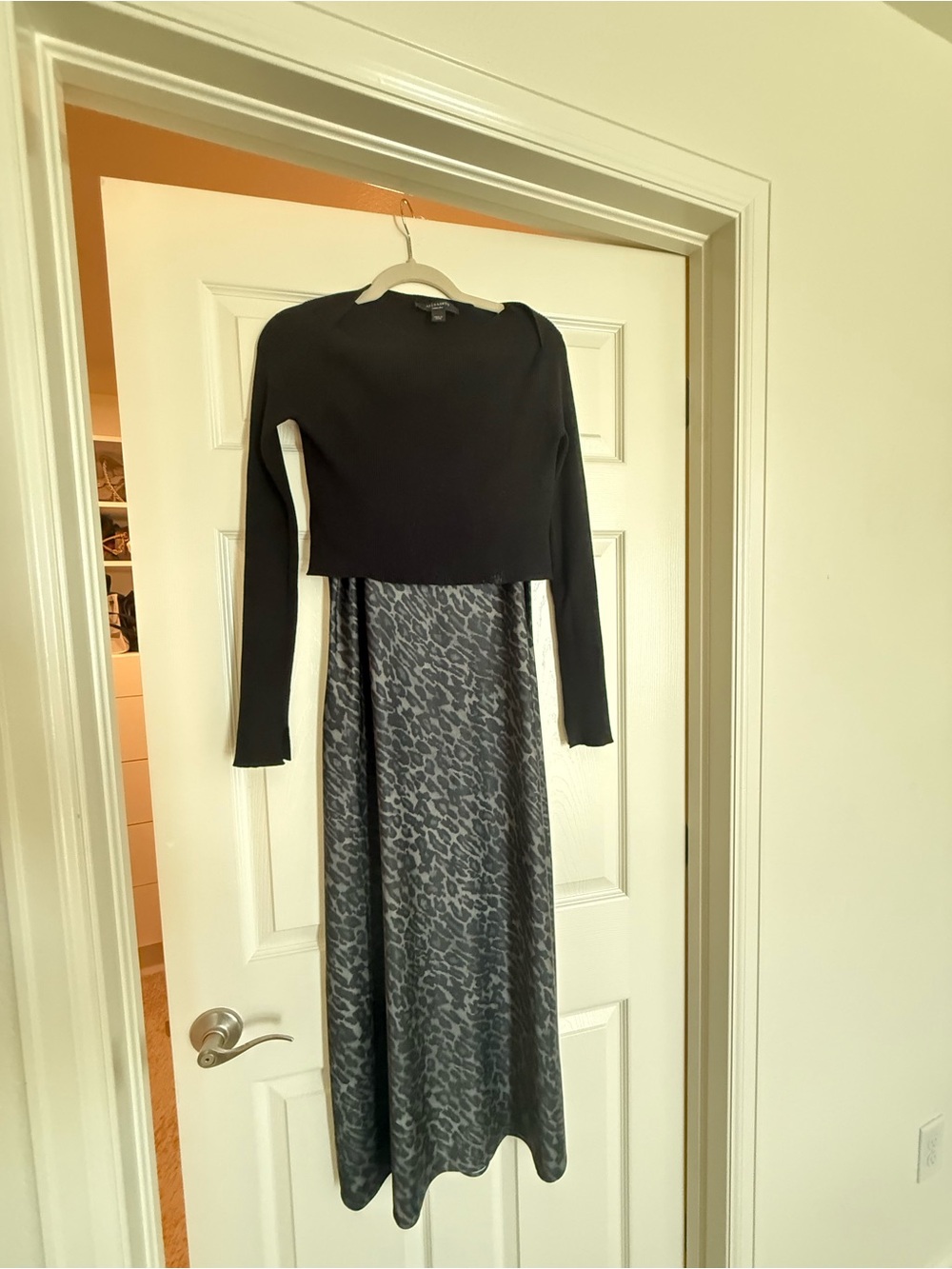 All saints black  Cropped Top with Gray Leopard Print Maxi Dress